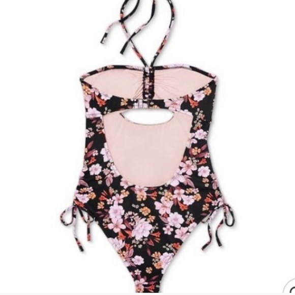 Shade & Shore Halter Keyhole Cut Out Back One Piece Swimsuit Black Floral Size M - Picture 3 of 16
